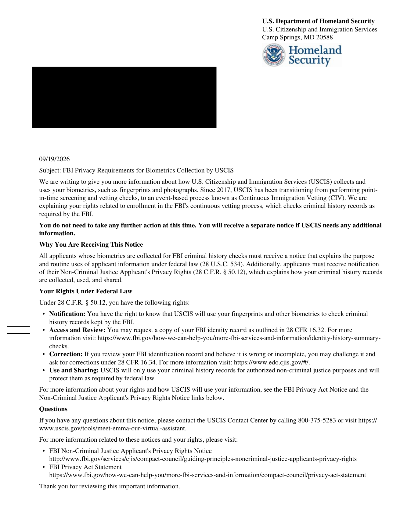 Redacted USCIS FBI Privacy Requirements for Biometrics Collection notice